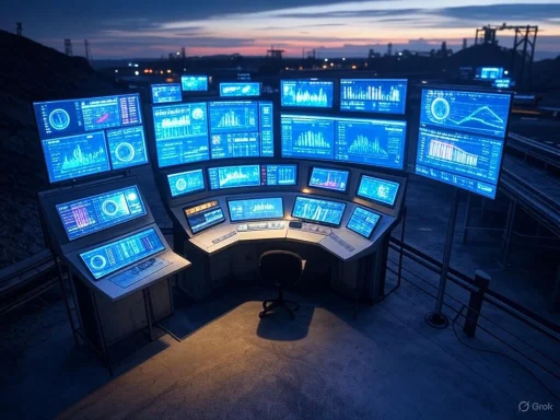 A high-tech command center with multiple monitors displaying data and analytics, set outdoors at dusk.