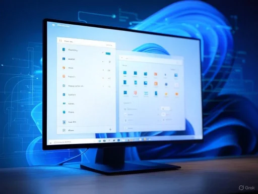 A computer monitor displays a digital interface against a blue, tech-themed background.
