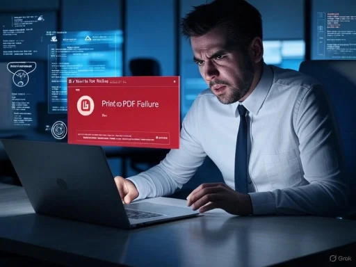 A man in business attire looks frustrated at his laptop after a PDF failure error message.
