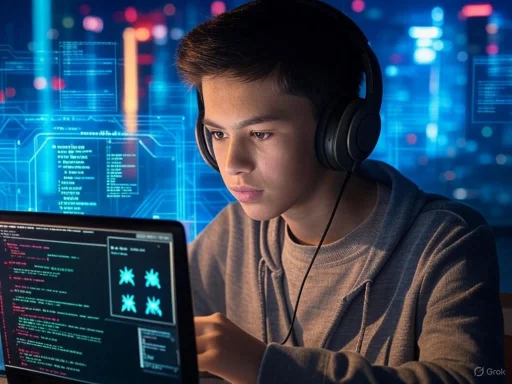 A young man in a hoodie and headphones focuses on coding or hacking on his laptop against a digital, futuristic background. A young man in a hoodie and headphones focuses on coding or hacking on his laptop against a digital, futuristic background.