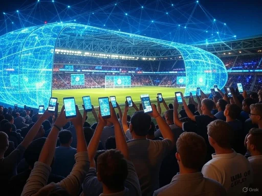 Fans use smartphone cameras to capture a futuristic, digitally enhanced soccer stadium with holographic technology.