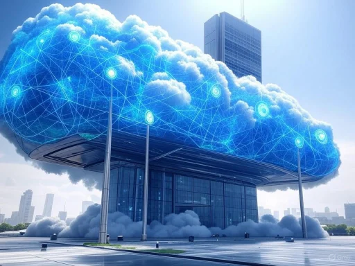 A futuristic building with a cloud-shaped roof featuring digital network graphics, set against a city skyline.