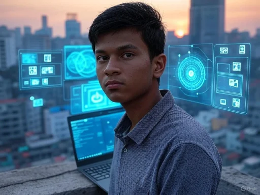 A young man on a rooftop with a cityscape in the background, digital holograms of futuristic technology overlayed.