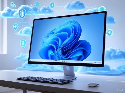A modern computer monitor displaying Windows 11, with cloud and security icons floating around, suggesting a cloud-based or secure computing environment.