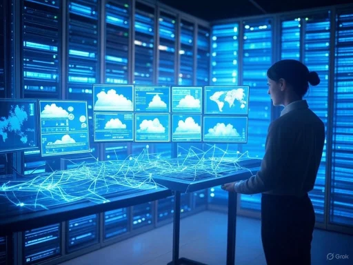 A woman interacts with multiple digital screens displaying cloud and global data in a high-tech server room. A woman interacts with multiple digital screens displaying cloud and global data in a high-tech server room.