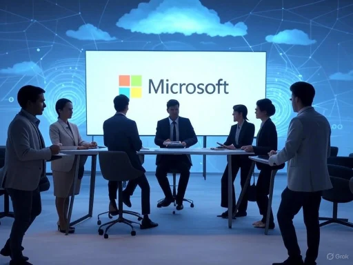 A corporate meeting with professionals discussing in front of a large Microsoft display screen.