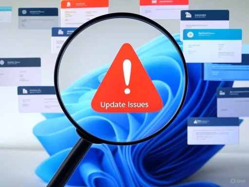 A computer screen showing update issues, highlighted by a magnifying glass inspecting a warning sign with 'Update Issues'.