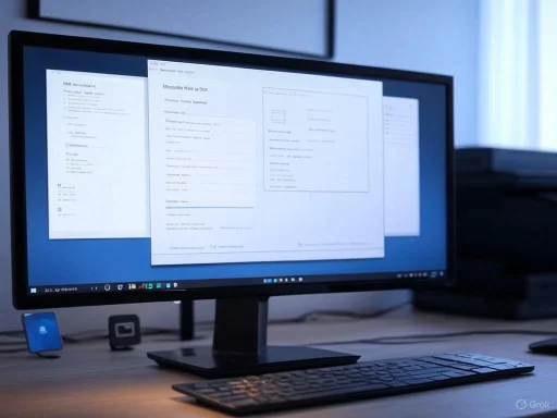 A computer monitor displays multiple documents or forms open in a desktop workspace.