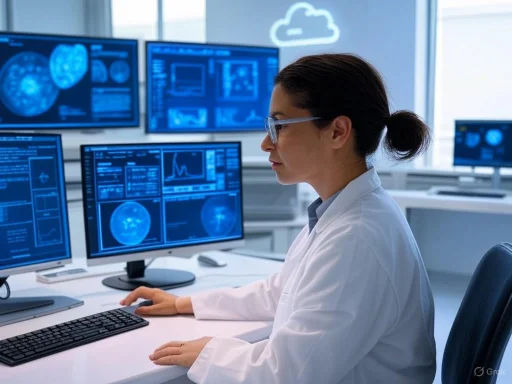 A scientist analyzes medical images on multiple monitors in a modern lab with cloud graphics in the background. A scientist analyzes medical images on multiple monitors in a modern lab with cloud graphics in the background.