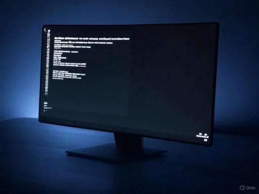 A monitor displays a black screen with white code or text, set against a dark, minimalist background.