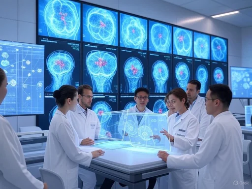 Medical researchers analyze brain scans in a high-tech lab with multiple large digital screens displaying MRI images.