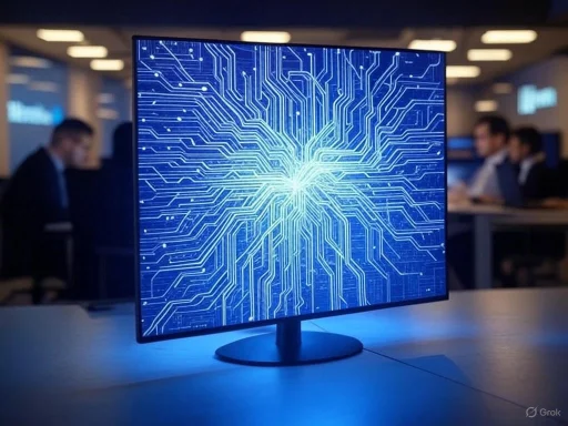 A computer monitor displays a digital circuit pattern in a dimly lit office setting with people working in the background. A computer monitor displays a digital circuit pattern in a dimly lit office setting with people working in the background.