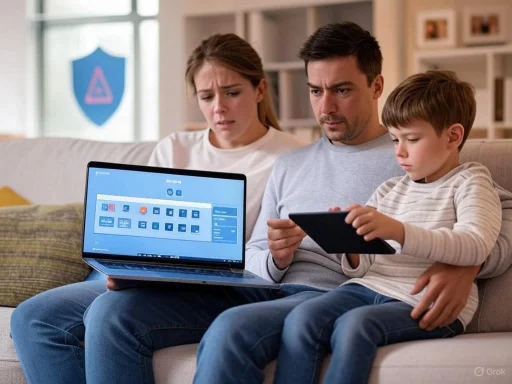 A family looks concerned as they use a laptop and tablet, with a digital security shield icon in the background suggesting cybersecurity issues.