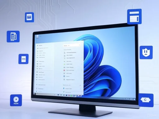 A computer monitor displaying Windows 11 with surrounding icons representing different applications and features.