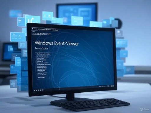 A computer screen displays 'Windows Event Viewer' with floating digital data icons in a modern tech office environment. A computer screen displays 'Windows Event Viewer' with floating digital data icons in a modern tech office environment.