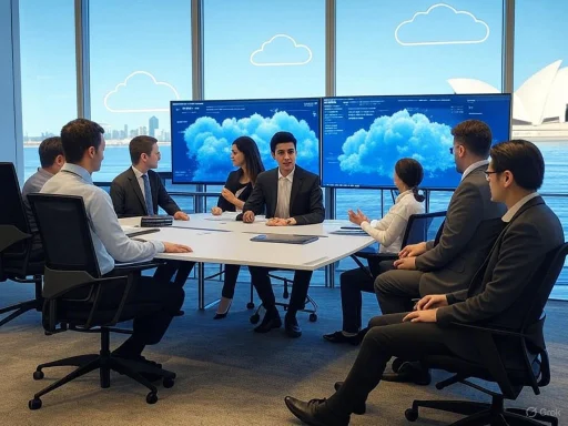 A diverse group of professionals in business attire discuss during a meeting in a modern office with large windows overlooking a city skyline and water.