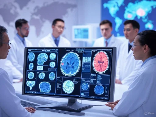 Medical professionals analyze brain scan images in a conference room with a world map background.