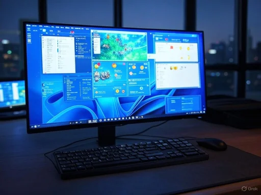 A computer monitor displays multiple windows with a blue-themed desktop in a dark room, likely in an office or control center.