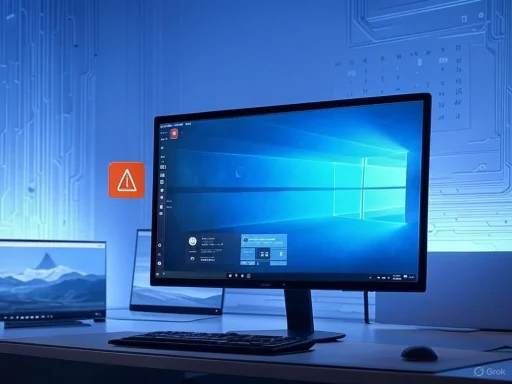 A computer monitor displays a Windows desktop in a high-tech, blue-themed office environment.