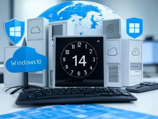 A digital clock surrounded by computers and cloud icons depicting Windows 10 and online security.