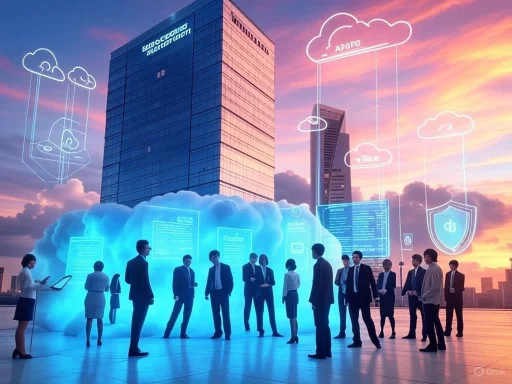 Businesspeople gather near a cloud of digital data with a futuristic cityscape and cloud icons in the background.