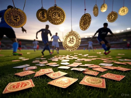 Soccer players train amid hanging gold coins and scattered money on the field at sunset.