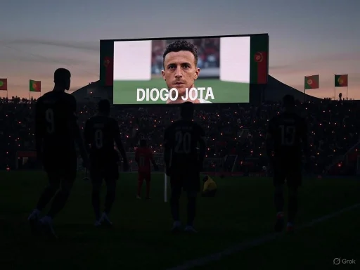 Players stand in front of a large screen displaying Diogo Jota's image during a sunset football match. Players stand in front of a large screen displaying Diogo Jota's image during a sunset football match.