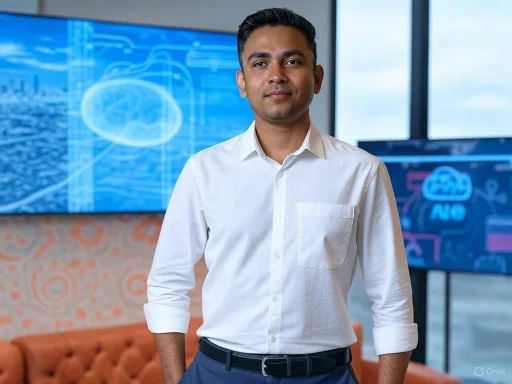 A professional man in a white shirt stands confidently in a tech office with digital screens and modern decor.