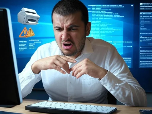 A frustrated man looks at a computer screen with error warnings and a printer icon, indicating a technical or printing issue.