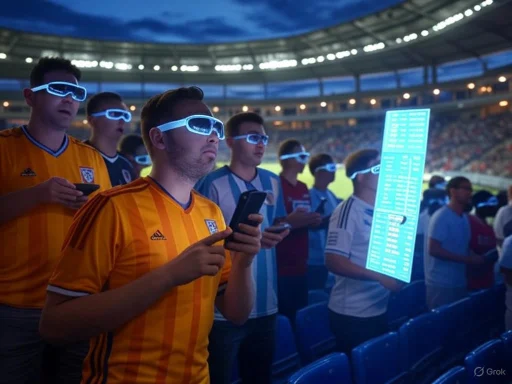Fans in a stadium wearing augmented reality glasses while viewing virtual data overlays during a sporting event. Fans in a stadium wearing augmented reality glasses while viewing virtual data overlays during a sporting event.