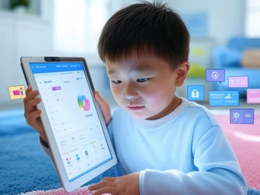 A young boy looks intently at a tablet displaying a colorful app, surrounded by floating digital icons suggesting technology and data.