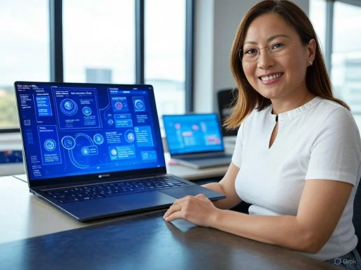 A woman smiling at a work desk with a laptop displaying a digital interface, in an office setting with large windows. A woman smiling at a work desk with a laptop displaying a digital interface, in an office setting with large windows.