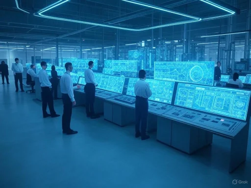 People work at high-tech control stations in a futuristic, neon-lit data center or command room.