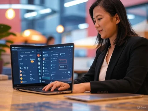 A professional woman working on a laptop in a modern, colorful office space.