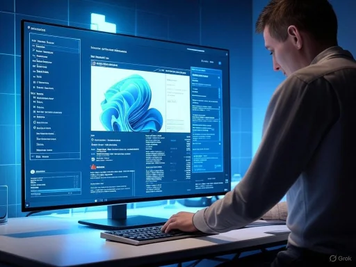 A man working on a computer in a high-tech, blue-lit cybersecurity or hacking environment.