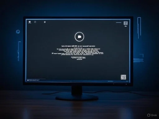 A computer monitor displays a system error message or alert with a dark background and neon blue accents.