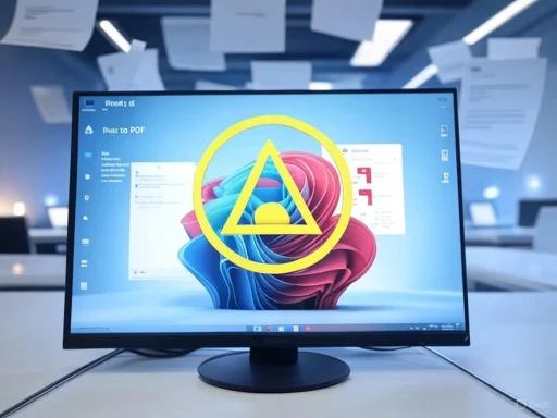 A computer monitor displays a colorful desktop with a yellow geometric symbol overlay, set in a tech-focused environment.