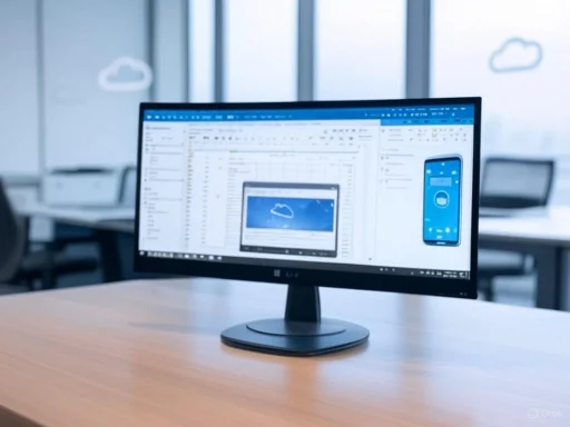 A computer monitor displaying a cloud storage interface, with a mobile device screen shown alongside, on a wooden desk.