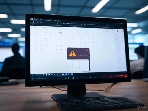 A computer monitor displays a calendar with a warning alert in an office setting.