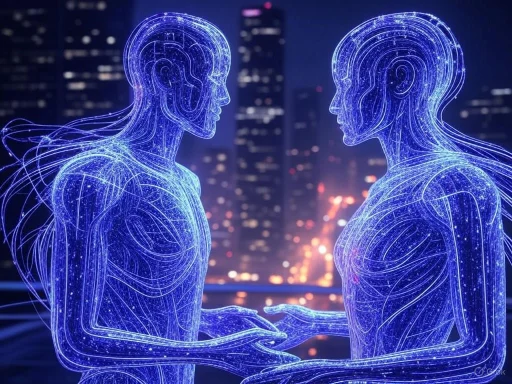 Two digital human figures face each other, holding hands, against a cityscape background with glowing blue lines.