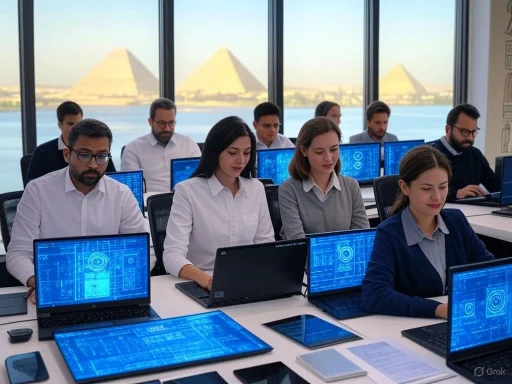 A diverse group of professionals working on laptops in a modern office with pyramids visible outside the window.