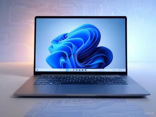 A sleek, modern laptop displaying a blue abstract digital design on its screen.