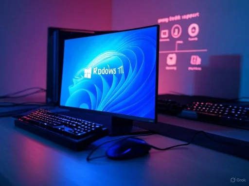 A computer setup with a monitor displaying the Windows 11 logo, illuminated with blue and pink ambient lighting.