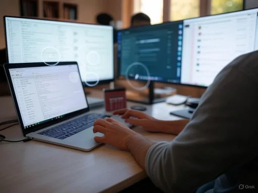 A person working on a laptop with multiple large monitors displaying emails and communication apps.