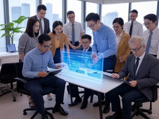 A group of professionals collaborates around a holographic digital display in a modern office. A group of professionals collaborates around a holographic digital display in a modern office.