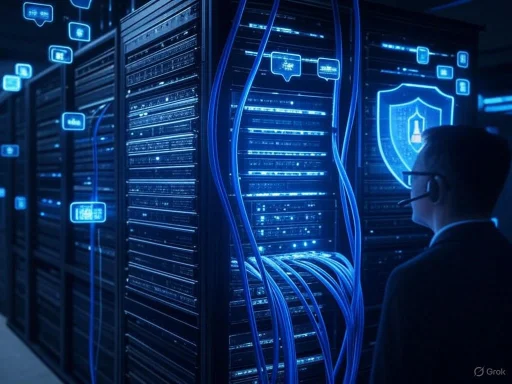 A person monitors a server room filled with glowing blue digital data and security icons.