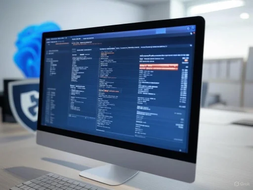 A computer screen displays a dark-themed email or message management interface on a desk in a bright office setting.