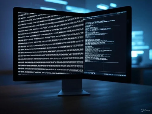 Dual-monitor setup displaying lines of code or data with a dark background, typical of hacking or cybersecurity work.