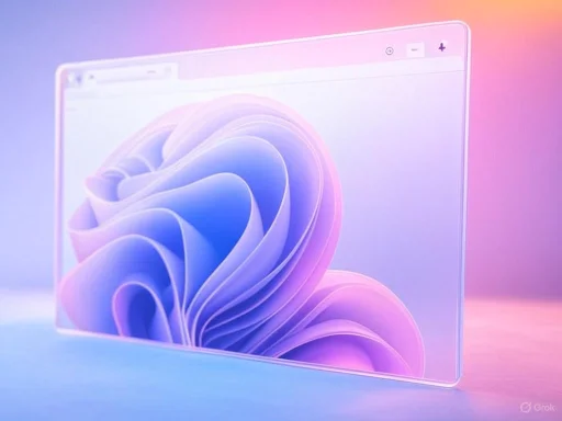 A transparent laptop with a colorful, abstract screen display against a gradient pink and purple background.