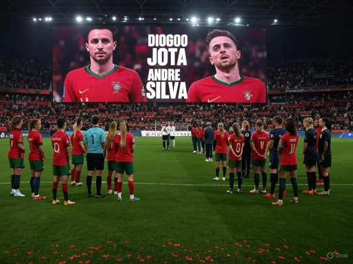 Portugal women's football team stands in formation on the field before a match, with a large screen displaying two players.